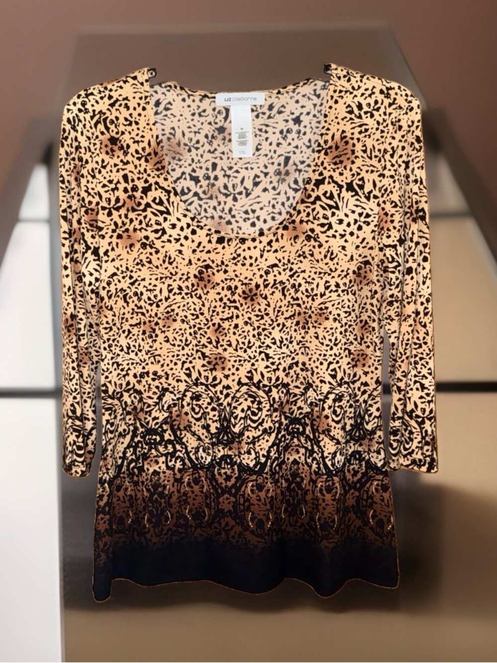 Liz Claiborne Beige and Black Printed Long-Sleeve Scoop Neck Top